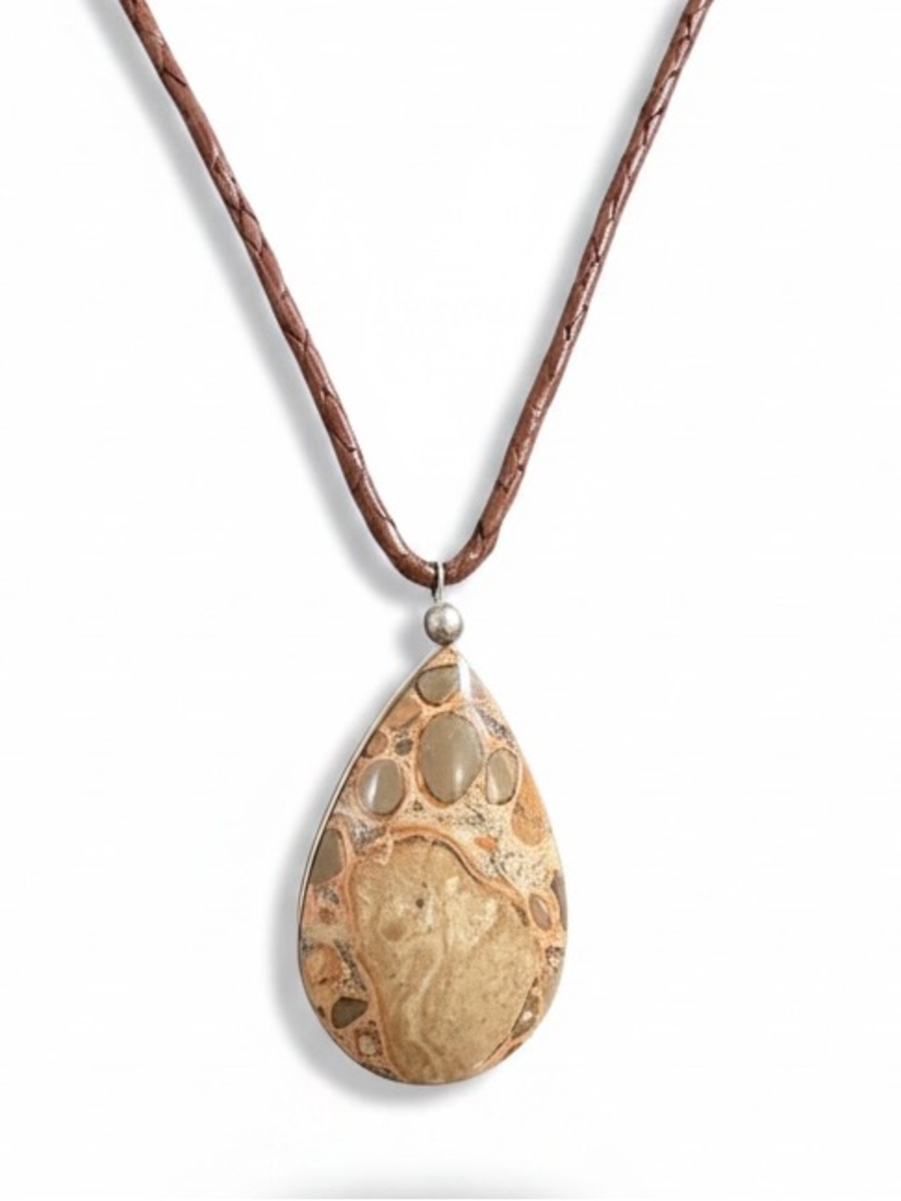 VINTAGE LEOPARDITE JASPER TEARDROP CABOCHON PENDANT NECKLACE EARTH TONE UNISEX